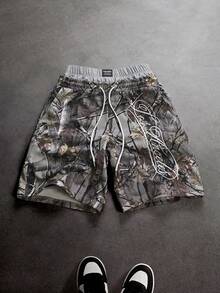 SLATEMANN 男士字母印花抽绳腰带休闲百搭日常短裤 - 彩色 - 查看 1