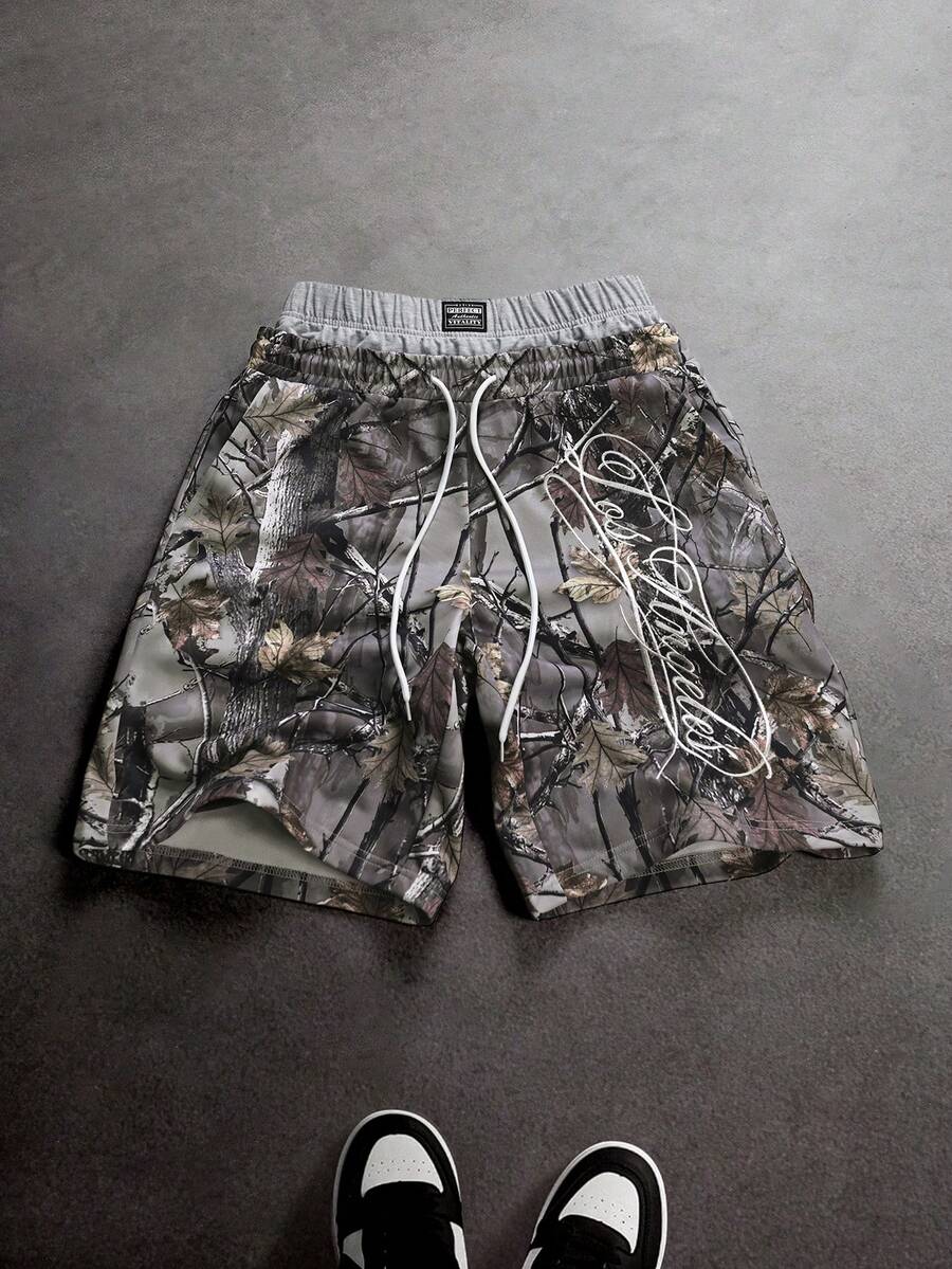 SLATEMANN 男士字母印花抽绳腰带休闲百搭日常短裤 - 彩色 - 查看 1