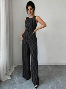 SHEIN Tall 女款休閒條紋鈕扣裝飾無袖修身短版上衣與直筒長褲兩件套，適合高個女性 - 黑色 - 查看 6