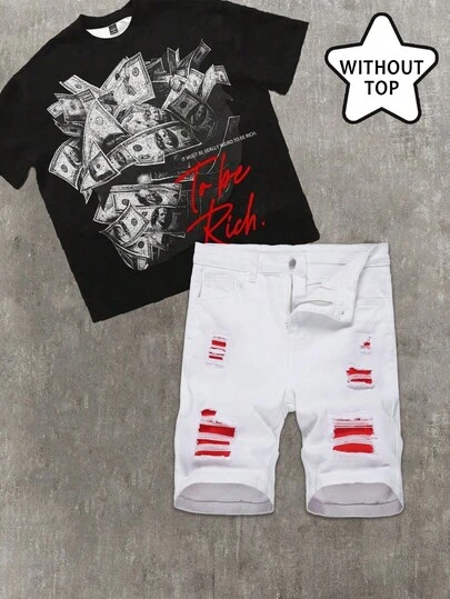 SHEIN Quần short nam tuổi teen phong cách thường ngày Y2K, thiết kế rách rưới, phối màu trắng với họa tiết đỏ, quần skinny rách cho bé trai tuổi teen, quần áo mềm mại mặc hàng ngày và trang phục mùa hè, mùa xuân cho bé trai.