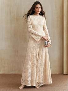 Anewsta 女士长款夏季连衣裙，优雅春季女士长袖蕾丝连衣裙，圆领修身长袖连衣裙，适合新年、圣诞节、情人节、派对、婚礼等场合，时尚、优雅、正式。 - 杏色 - 查看 5