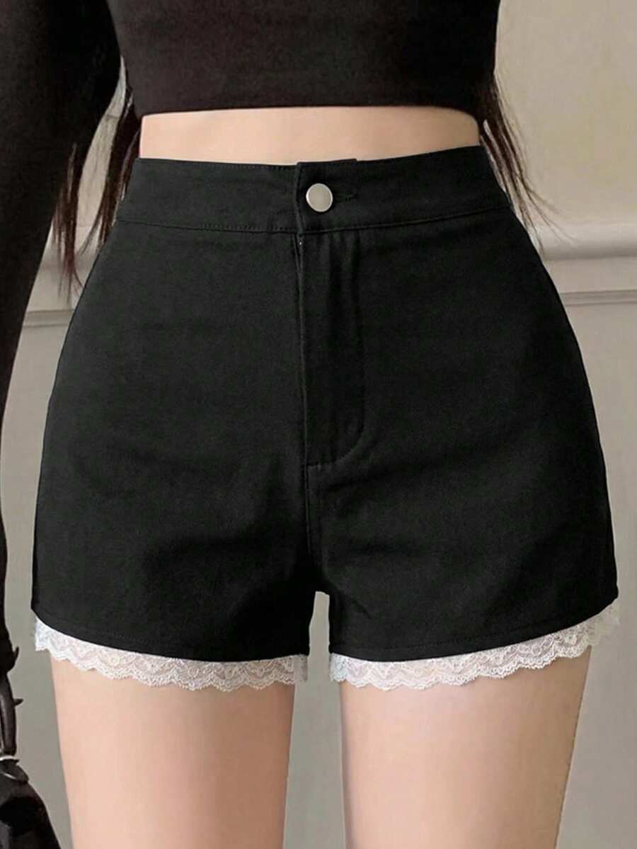 FRIFUL 女士夏季休闲蕾丝边短裤 - 黑色 - 查看 1