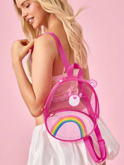 SHEIN X Care Bears 1 Cute Cartoon Pattern Printed Color Transparent Pvc Backpack, Adjustable Shoulder Straps, Suitable For Outing, School, Leisure, Cheer Bear