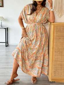 Vionelle Plus Size Boho Multicolor Random Print V Neck A Line Maxi Dress With Batwing Short Sleeves - Multicolor - View 6