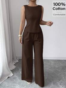 Siren Gaze 女士纯色露背无袖上衣和裤子休闲两件套 - 咖啡棕 - 查看 2