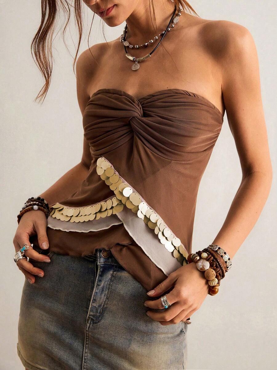 Freevana Women's Sequin Patchwork Asymmetric Hem Twist Ruched Bandeau Blouse - Coffee Brown - View 1