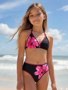Bộ đồ bơi Tankini cho bé gái tuổi teen mùa hè, áo hai dây họa tiết hoa nhí màu hồng tươi sáng với viền vỏ sò, bộ đồ bơi hở lưng mùa hè, đồ bơi đi biển mùa hè, kỳ nghỉ bên bờ biển. - Nhiều màu - Xem 5