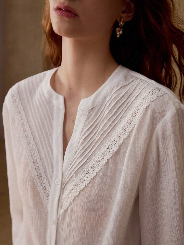 RUCHED COMFORTABLE FABRIC ROMANTIC LACE STRIPED DECOR CASUAL COMMUTE VACATION SHIRT