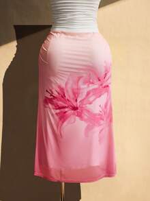 SHEIN ICON Chân váy chữ A in họa tiết hoa ombre dành cho nữ cỡ lớn - Hồng - Xem 2