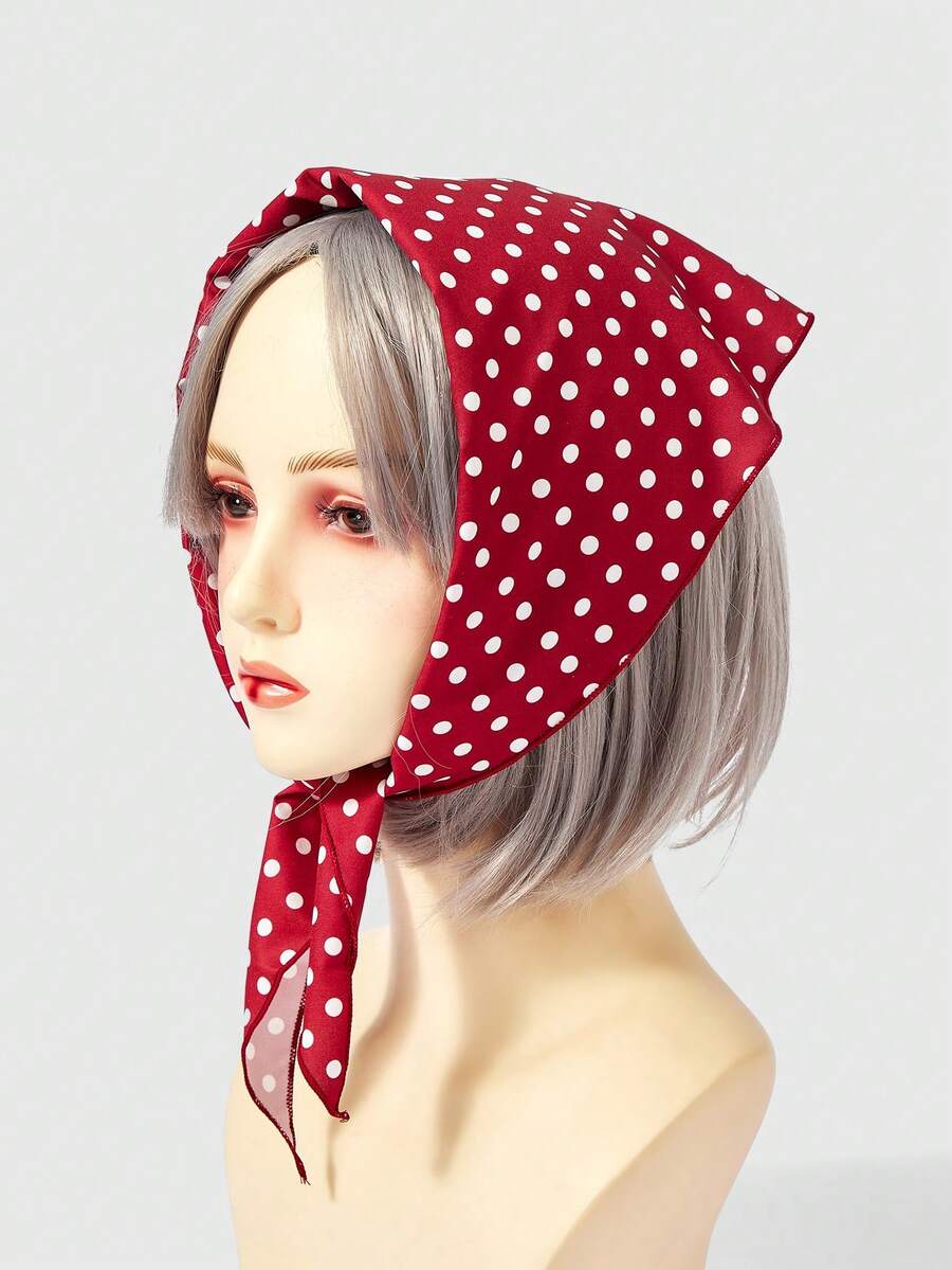 ROMWE Kawaii 1pc Wine Red Polka Dot Bandana Triangle Scarf Headband Fall Winter Hair Band Hair Accessories For Women For Vacation Outfits Woman Warm Thermal Head Scarf - Red - View 1