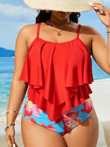 Swim Lushoire Plus Size Women Summer Beach Vacation Ruffle Strap Tankini Swimwear Set - Multicolor - View 1