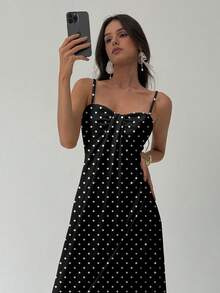 Aloruh 优雅复古波点印花女士吊带长裙，波点连衣裙，适合派对、度假、法式度假、优雅约会等场合 - 黑色 - 查看 7