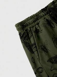 ROMWE Goth Spring/Summer Casual Graphic Plus Size Plant & Insect Print Drawstring Waist Casual Shorts, Suitable For Home, Outdoor - Green - View 3