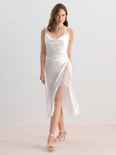 Hourtrue 女士蕾丝拼接垂坠领缎面睡衣吊带裙，配有细肩带