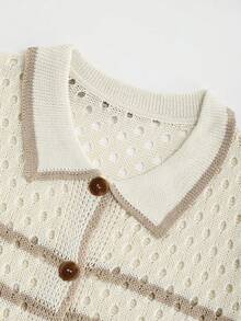 Franclia 新款春夏沙滩度假杏色镂空纹理撞色领宽松复古下摆休闲柔软舒适高端设计日常Polo领开衫配抽绳短裤女式两件套 - 杏色 - 查看 6