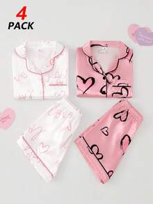 SHEIN Playful Pals 四件套女童幼儿睡衣套装，翻领短袖短裤，夏季假日白色粉色爱心字母印花家居服，休闲居家服，仿丝绸缎面柔软舒适透气亲肤顺滑轻盈，纽扣设计，时尚现代睡衣套装，适合25度以上气温，营造俏皮慵懒的氛围。 - 彩色 - 查看 4