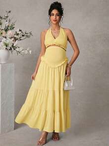 Momance Women Solid Color Twist Knot Halter Top & Tiered Maxi Dress 2-Piece Set,Yellow,Summer,Casual,Maternity,Photoshoot,Holiday Elegant Pregnancy Clothing - Yellow - View 4