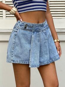 Sunnyshic Váy quần short denim xếp ly thời trang thường ngày cho kỳ nghỉ, chất liệu denim mài. - Rửa nhẹ - Xem 5