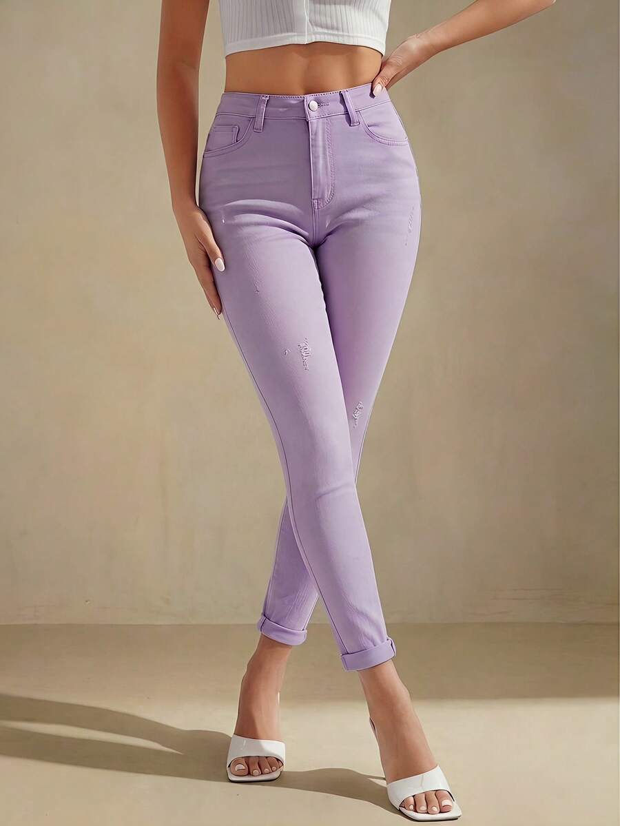 Selenza Jeans pitillo de cintura alta rasgados de primavera - Morado - Ver 1