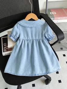 SHEIN Baby Girls' Bow Embroidered Light Blue Denim Peter Pan Collar Dress - Medium Wash - View 2