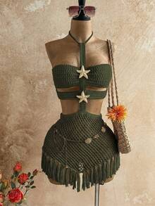 Soleia Đầm len ngắn ôm sát eo kiểu yếm, khoét lỗ, họa tiết sao biển và tua rua, phong cách Bohemian, Boho, thích hợp cho kỳ nghỉ, vintage, lễ hội, đi biển, du thuyền. - xanh quân đội - Xem 4