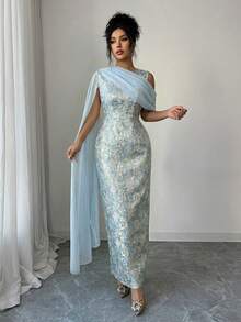 Elenzga Đầm maxi nữ mùa hè bán chạy nhất với chất liệu jacquard vàng óng ánh, kiểu dáng thanh lịch, kết hợp cùng khăn choàng chiffon, thích hợp cho các buổi tiệc, mua sắm, sự kiện và nhiều dịp khác. - Màu xanh lam - Xem 3
