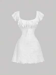 SHEIN MOD Đầm ngắn nữ màu trơn, buộc dây phía trước, tay bồng, kiểu dáng thời trang. - trắng - Xem 3