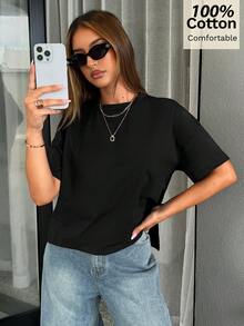 Siren Gaze 女士宽松纯棉T恤，春夏新品 - 黑色 - 查看 4