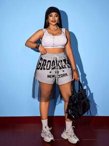 Maweii Plus Size Women's Summer Casual Loose Mesh Patchwork Printed Shorts, Suitable For Street, Party, And Vacation Wear - Black and White - View 3