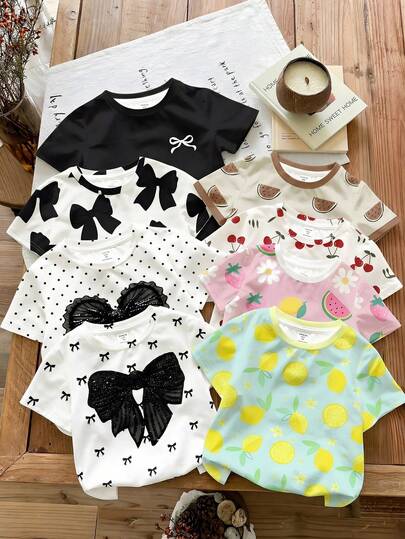 SHEIN 4pcs Baby Girl Casual Chic Bow, Heart Polka Dot Print Round Neck Short Sleeve T-Shirt Suitable For Spring And Summer