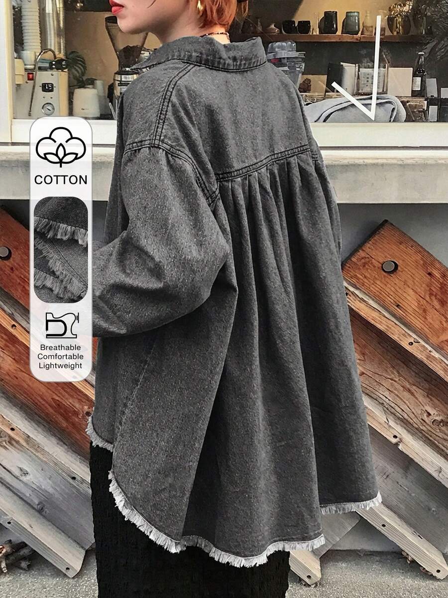 FRIFUL Women's Drop Shoulder Long Sleeve Single-Breasted Frayed Hem Loose Denim Jacket - Dark Grey - View 1