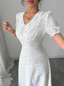 Modelyn French Style Ditsy Floral Petal Sleeve Waist Cinched Slim Fit Dress - Apricot - View 3