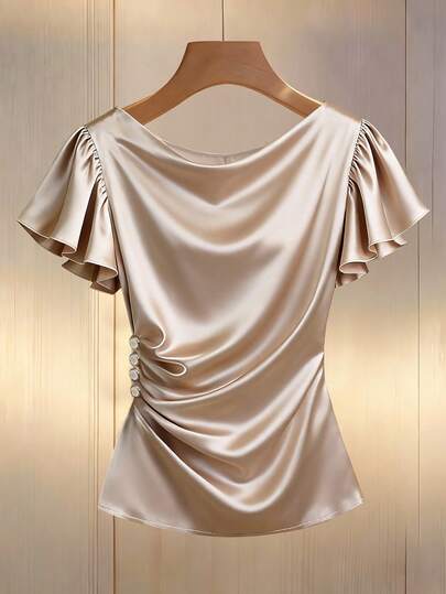 SHEIN CURVE+ Plus Size Women's Satin Shiny Draped Neck Ruffle Short Sleeve Shirt With Side Button, Regalyn-D Fashionable Minimalist For Home, Daily Commute And Casual Wear