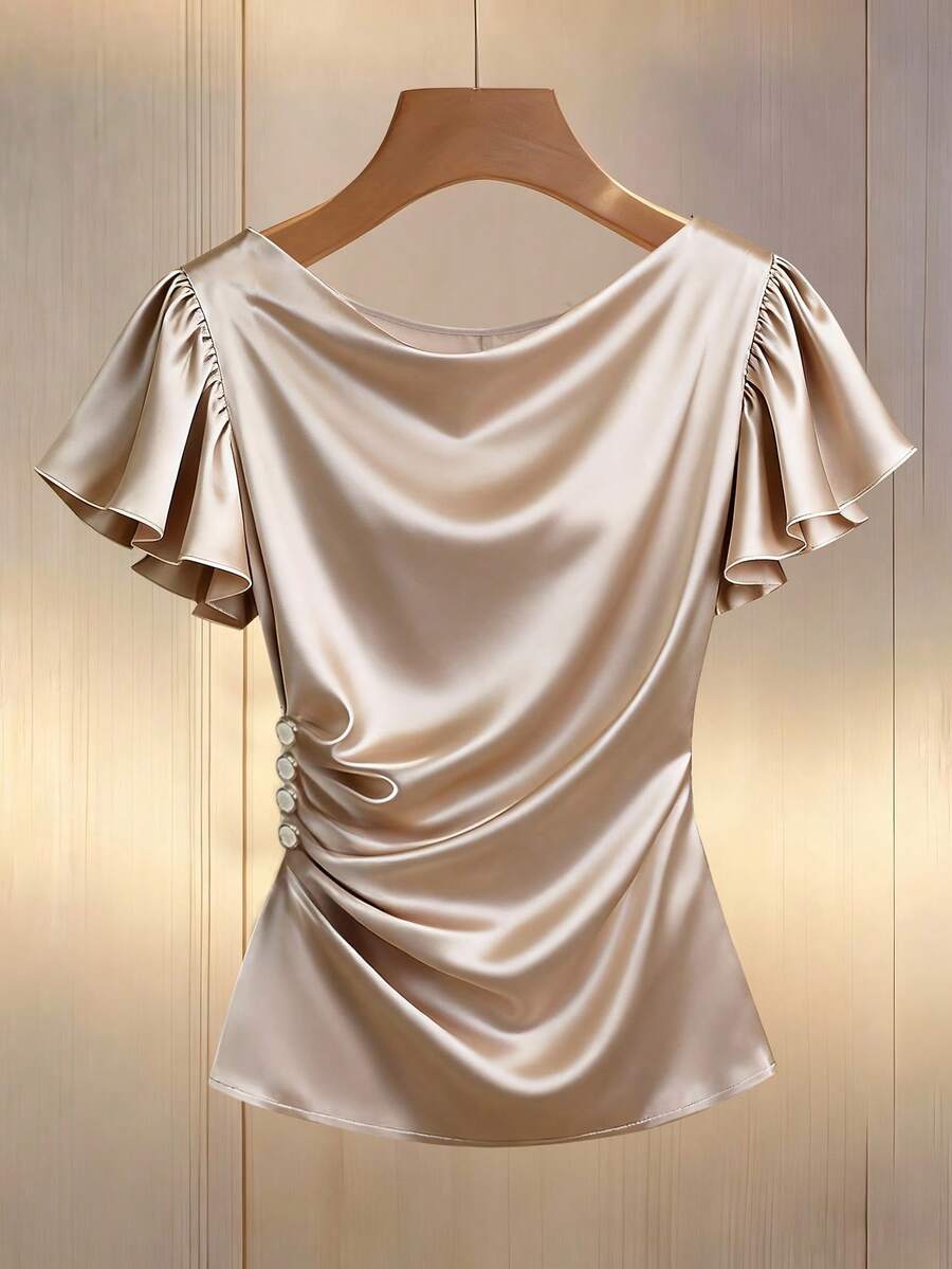 SHEIN CURVE+ Regalyn-D 大码女式缎面亮面垂褶领荷叶边短袖衬衫,侧边纽扣设计,时尚简约,适合居家、日常通勤和休闲穿着。 - 香檳色 - 查看 1