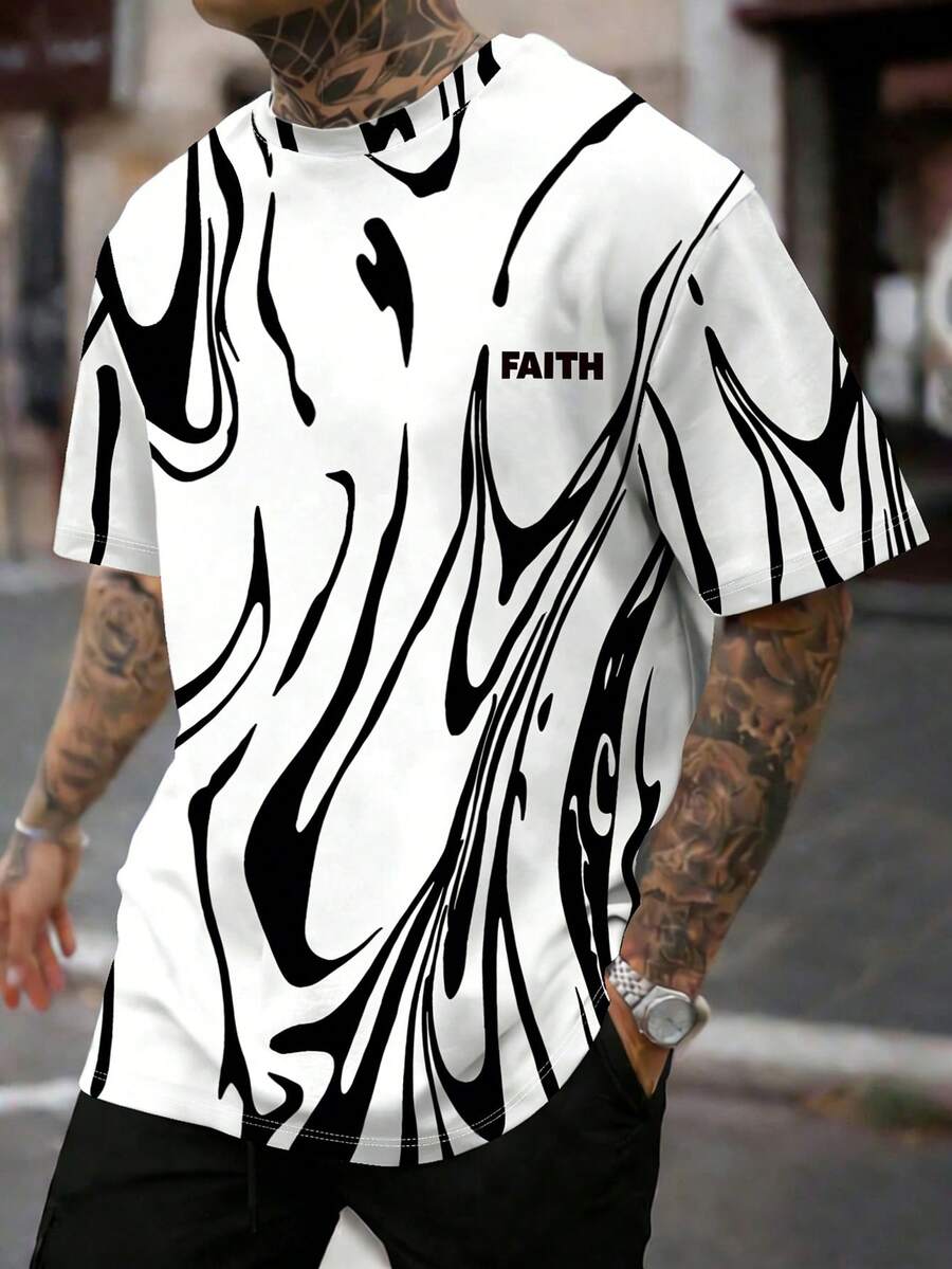 Manfinity Dauomo Plus Size Men's Loose Casual Short Sleeve Top, Zebra Pattern With Small Logo Print Design, Suitable For Daily Wear, Outdoor, Leisure - Multicolor - View 1