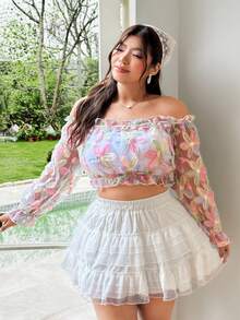 SHEIN Clasi Romantic Date  Plus Size Women's Sweet French Style 3D Floral Mesh Off Shoulder Short Blouse - Multicolor - View 6