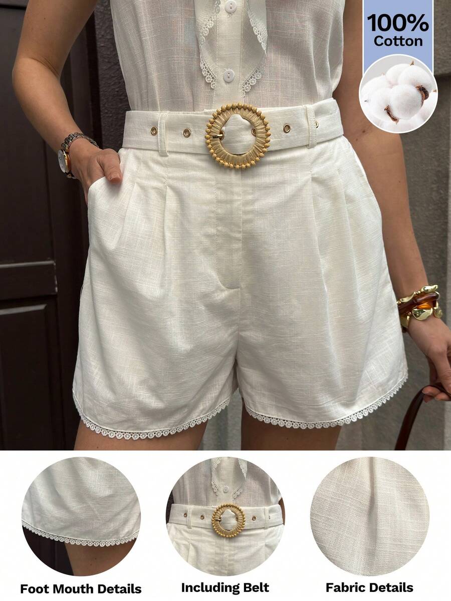 Solivie Quần short trắng thanh lịch cho nữ mùa hè, quần short trắng cạp cao, quần short trắng xếp ly, quần short vải lanh, quần short nữ cạp cao, trang phục mùa hè ngắn cho nữ, quần short cho quý cô, trang phục mùa hè cho nữ, quần short cotton cho nữ, quần short có thắt lưng. - trắng - Xem 1