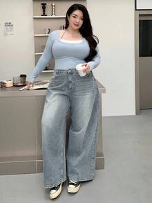 Dazy Plus Jeans de pierna ancha y larga de talla grande con efecto desgastado y lavado - Lavado ligero - Ver 4