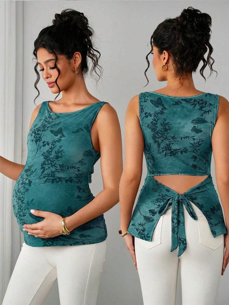 Momance Áo tank top bầu không tay ôm sát, in họa tiết, thanh lịch dành cho phụ nữ. - màu xanh lá - Xem 1