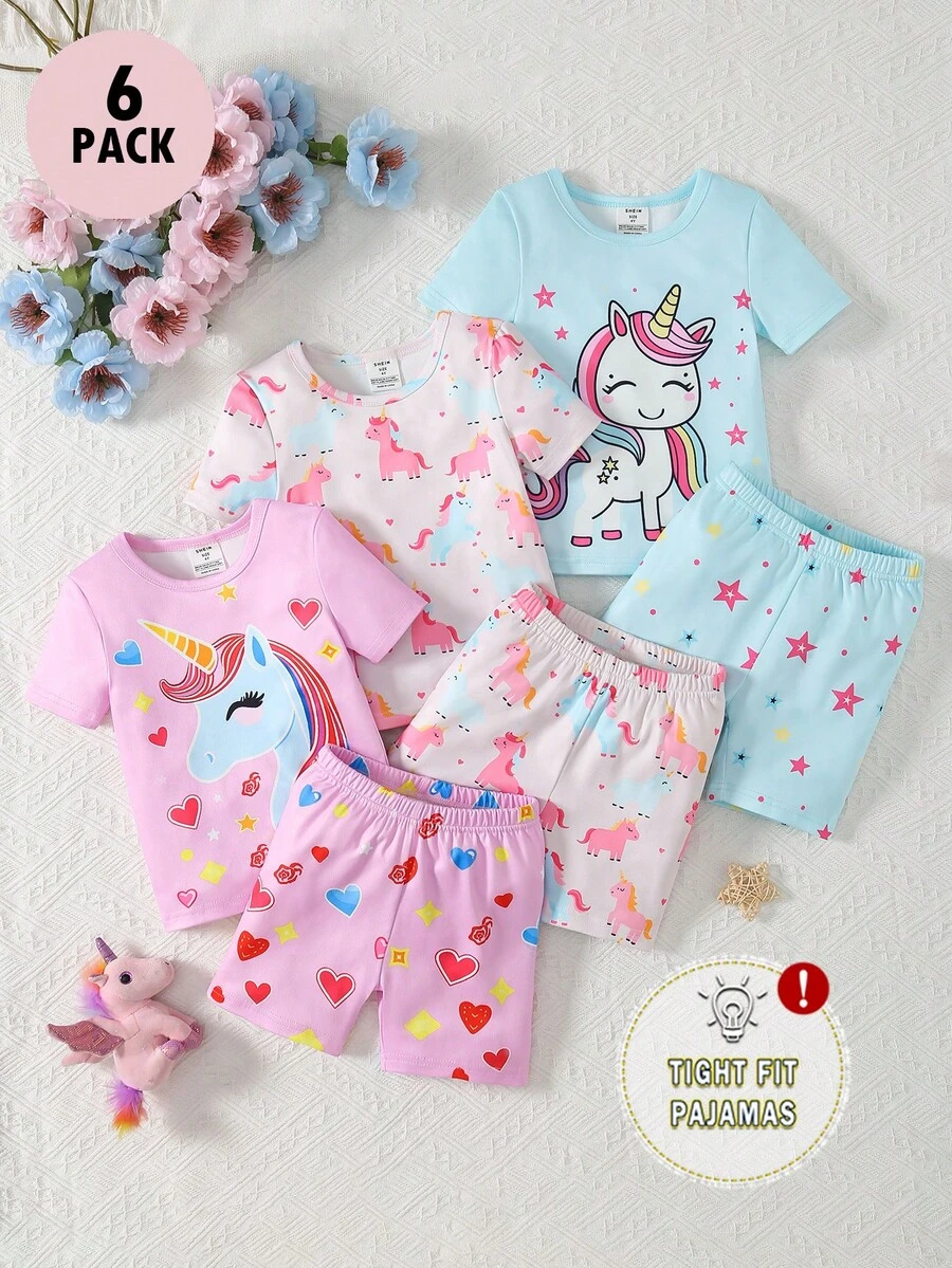 Conjunto de 3 piezas de pijama de ajuste ceñido para niña, top de manga corta y shorts, diseño de patrón de dibujos animados de unicornio, tela suave y cómoda, adecuado para ropa de estar en casa de niños - Multicolor - Ver 1