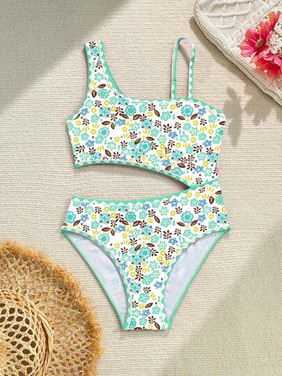 SHEIN Tween Girl Botanical Print Romper, Cutout Shoulder Design, Fashionable & Cute Swimsuit For Swimming & Vacation