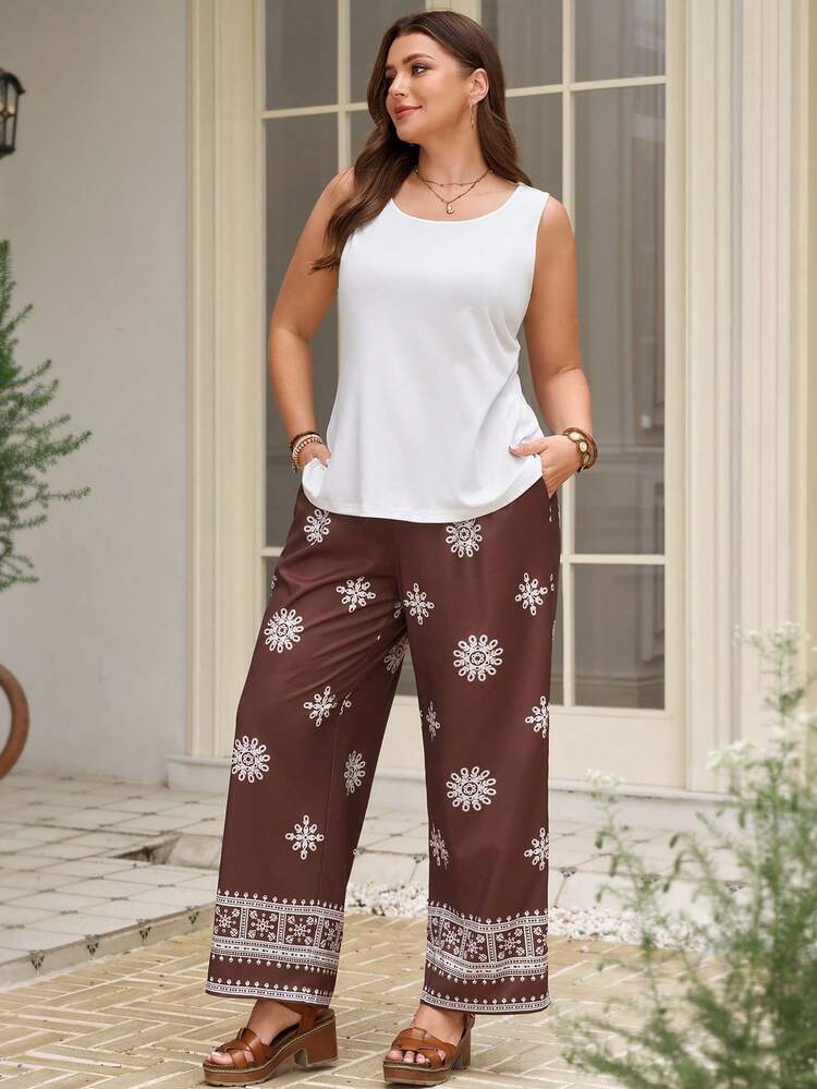 Plus Size Women 2-Piece Set: Solid Color Top And Floral Print Wide Leg Pants, Casual Daily Wear