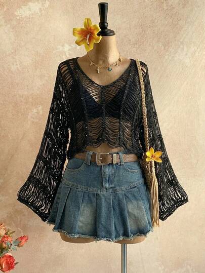 Soleia New Avant-Garde Sexy V-Neck Long Sleeve Loose Knit Sweater, Bohemian, Boho, Vacation, Vintage, Holiday, Music Festival, Beach, Cruise