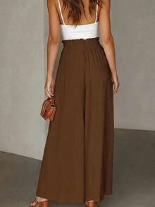Pariaura Quần ống rộng dáng suông tối giản màu trơn dành cho nữ, có túi, dây rút ở eo, thích hợp cho trang phục thường ngày và dịp lễ. - màu nâu - Xem 2