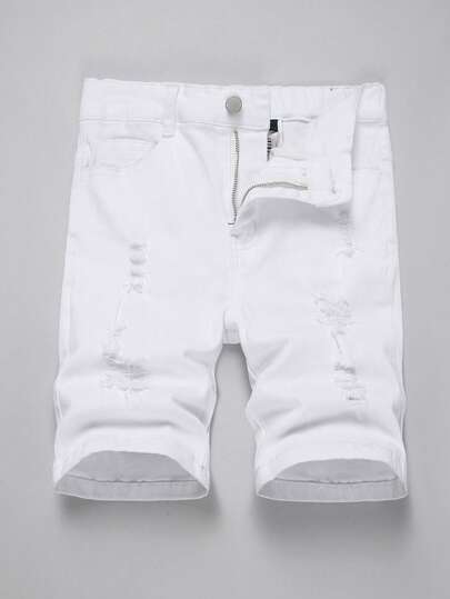 Tween Boy Fashion Casual Y2k Vintage Cool Street For Kids Clothes Tween Boy Dailywear And Kids Spring To Summer Rave Outfits Festival And Outfits Streetwear Clothes Basic Simple And Comfortable White Holey Stretchy Snug Denim Shorts For Kids Clothes Tween Boy Dailywear And Kids Spring To Summer Rave Outfits Festival And Outfits Streetwear Clothes