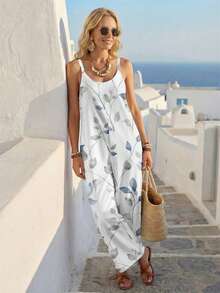 EMERY ROSE Blue And White Casual Boho Jumpsuit For Women, Versatile For Spring Summer Beach - Multicolor - View 5