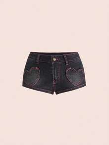 ROMWE Quần short denim nữ tính phong cách retro Y2K phối màu tương phản với họa tiết trái tim và đinh tán trang trí, quần jean mini cạp siêu thấp dành cho nữ. - màu đen - Xem 1
