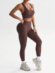 Dewbera Bộ 2 món gồm áo ngực thể thao và quần legging yoga cạp cao, không đường may, họa tiết da báo gợi cảm dành cho nữ. - Cà phê nâu - Xem 3