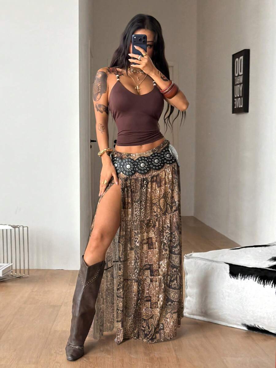 Coolane 女款夏季派對度假時尚假日電音優雅復古波希米亞海灘舒適低腰裙 - 棕色 - 查看 1