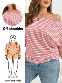 SHEIN Essnce Plus Size Women's Pastel Pink Striped Off-Shoulder Short-Sleeved T-Shirt,Summer Casual Everyday Loose Comfortable Slim Work Tops,Cruise Outfits - Pink - View 5